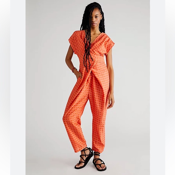 Rujuta Sheth Pants - Printed Wrap-Front Orange Jumpsuit